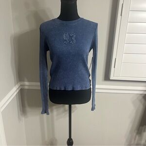 NWT No Comment Top Studded 93 Crew Neck Ribbed Womens Sz L Stretchy Stone Washed